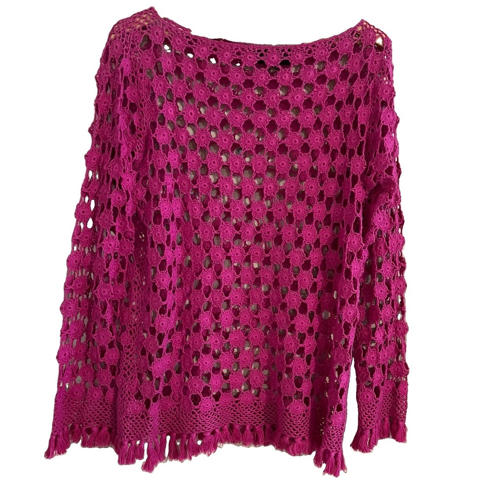 Open Knit Crochet Long Sleeve Sz L Tassel Fringe Boho Hippie Festival Layering